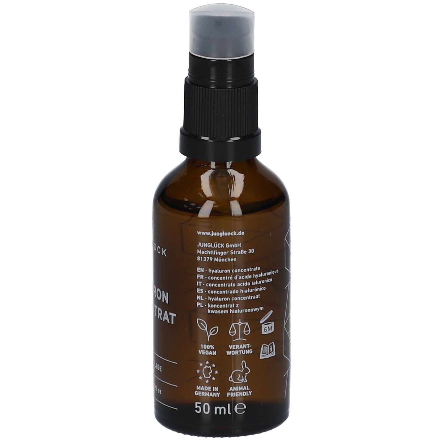 Braune Glasflasche mit schwarzem Pumpkopf. Aufschrift: JUNGLÜCK Hyaluron Konzentrat. Vegan, tierversuchsfrei, 50 ml.