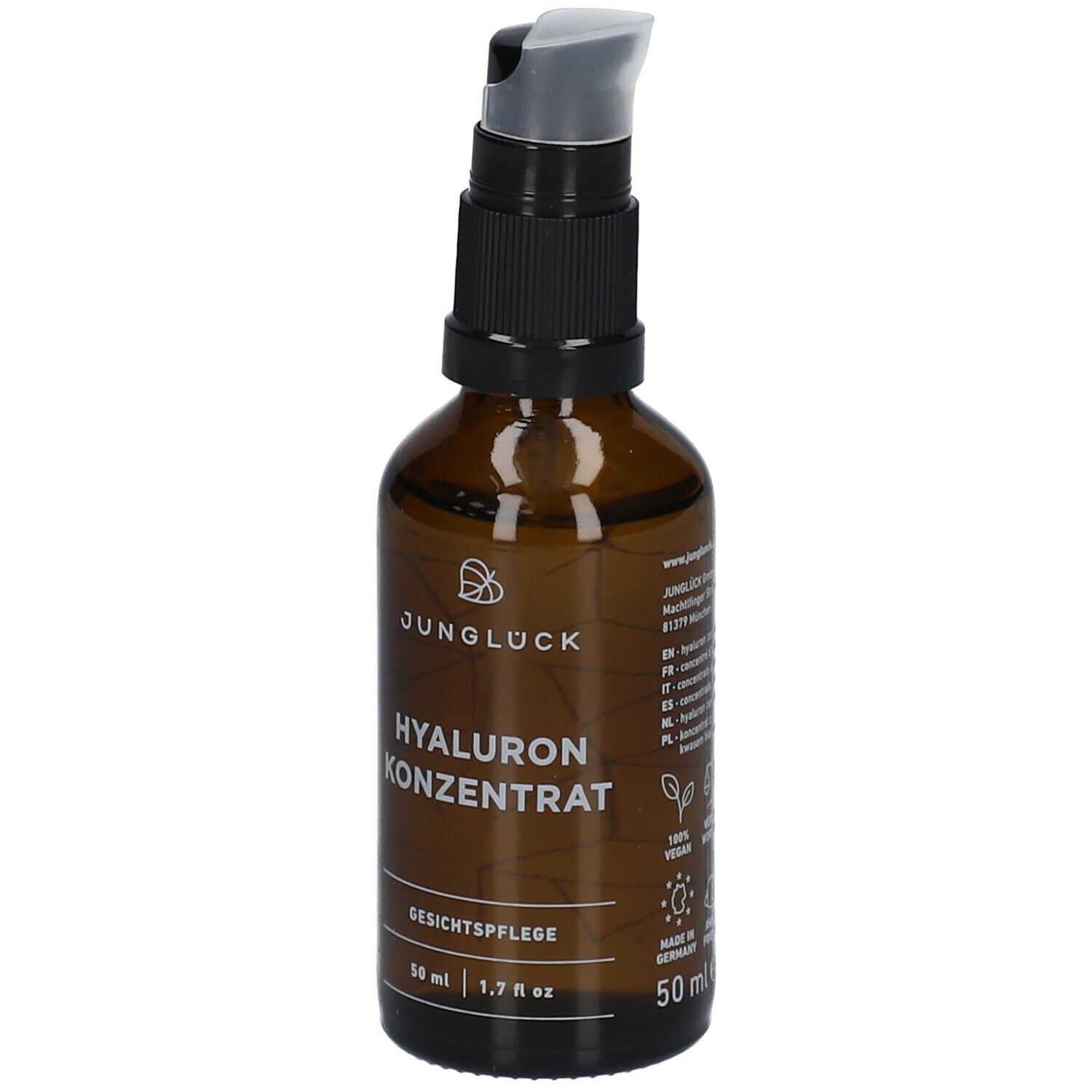 Braune Glasflasche mit schwarzem Pumpkopf. Aufschrift: JUNGLÜCK Hyaluron Konzentrat. Gesichtspflege. 50 ml.