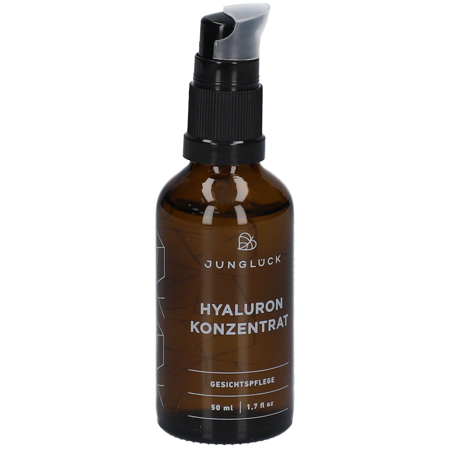 Braune Glasflasche mit schwarzem Pumpkopf. Aufschrift: JUNGLÜCK Hyaluron Konzentrat. Gesichtspflege. 50 ml.