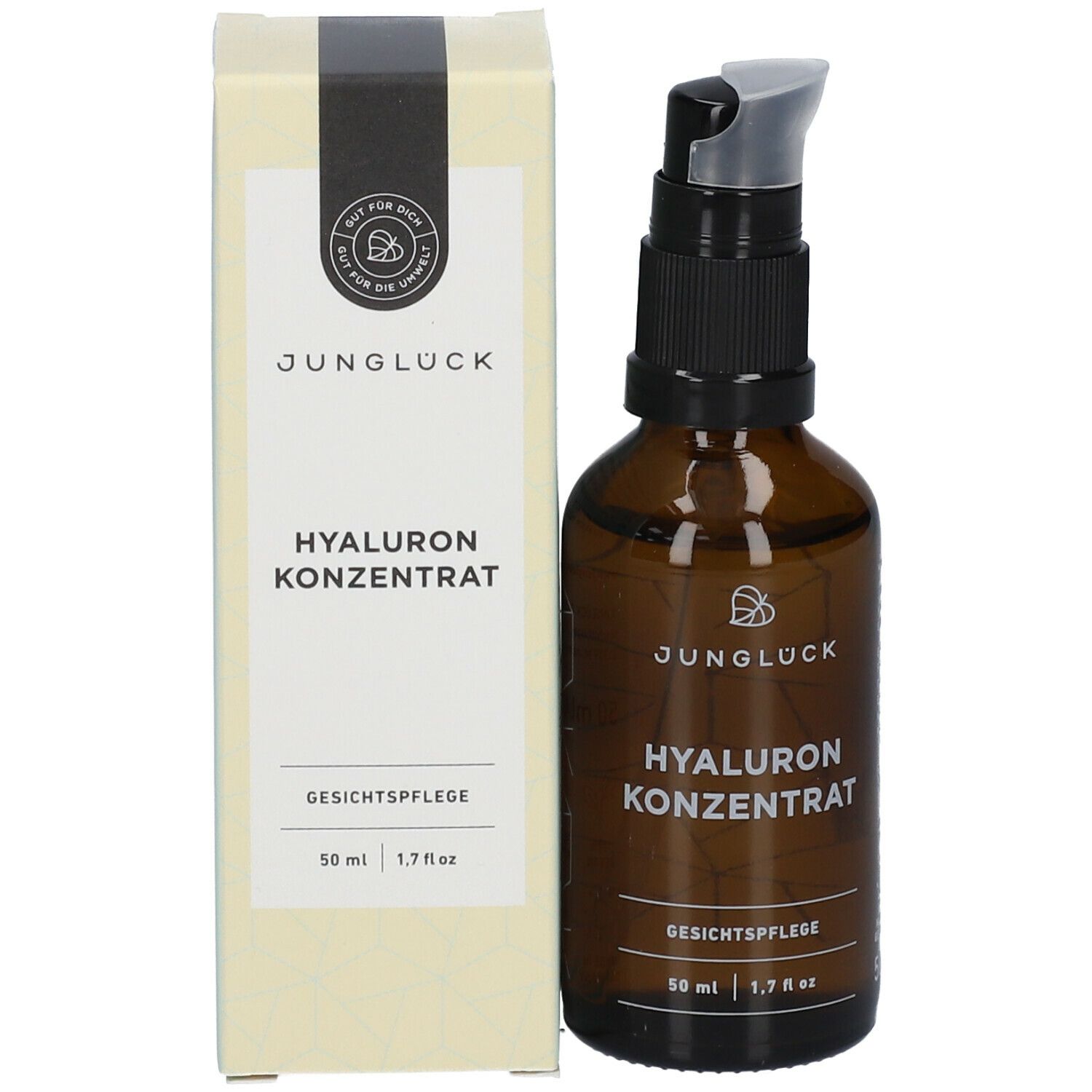 Braune Glasflasche mit schwarzem Pumpkopf und Karton. Aufschrift: JUNGLÜCK Hyaluron Konzentrat. Gesichtspflege. 50 ml.