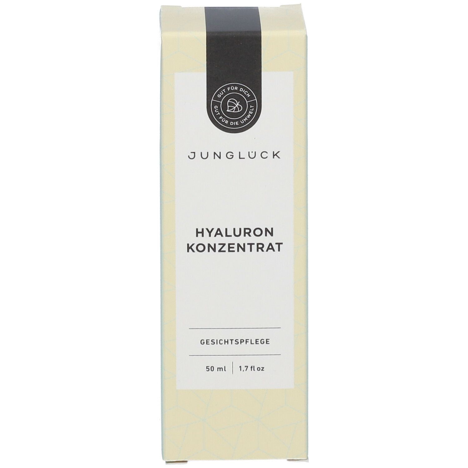 Karton mit Aufschrift: JUNGLÜCK Hyaluron Konzentrat. Gesichtspflege. 50 ml. Schwarzer Streifen oben.