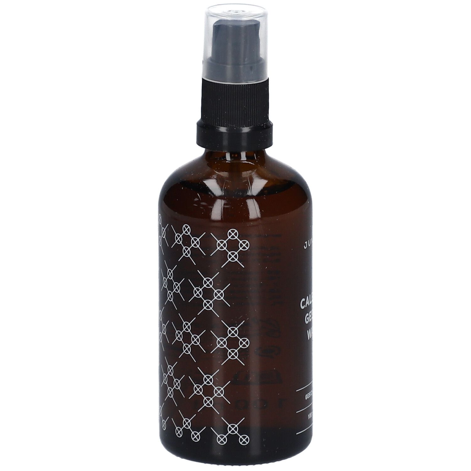 Braune Glasflasche mit weißem Muster. Aufschrift: JUNGLÜCK CALENDULA GESICHTS WASSER. Gesichtsreinigung.