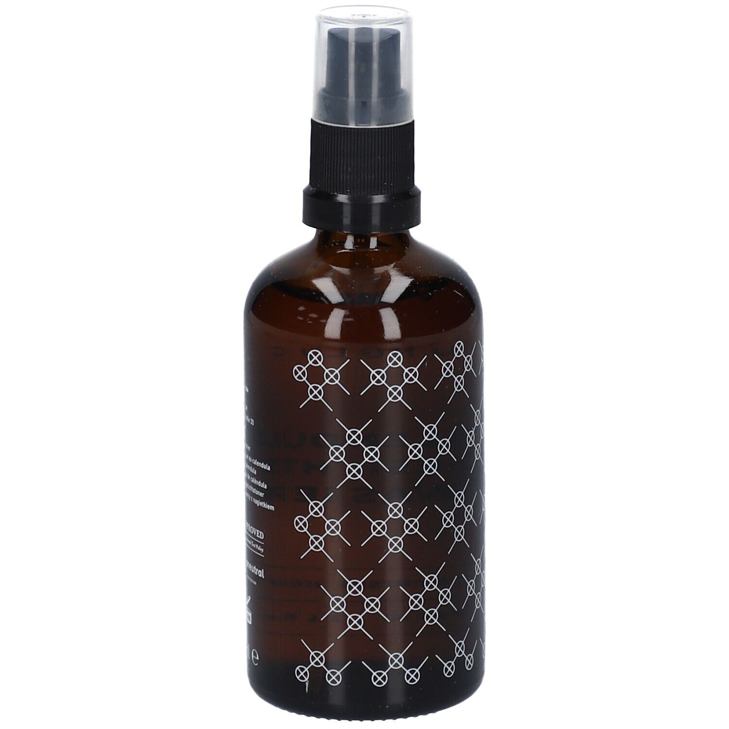 Braune Glasflasche mit weißem Muster. Aufschrift: JUNGLÜCK CALENDULA GESICHTS WASSER. Gesichtsreinigung.