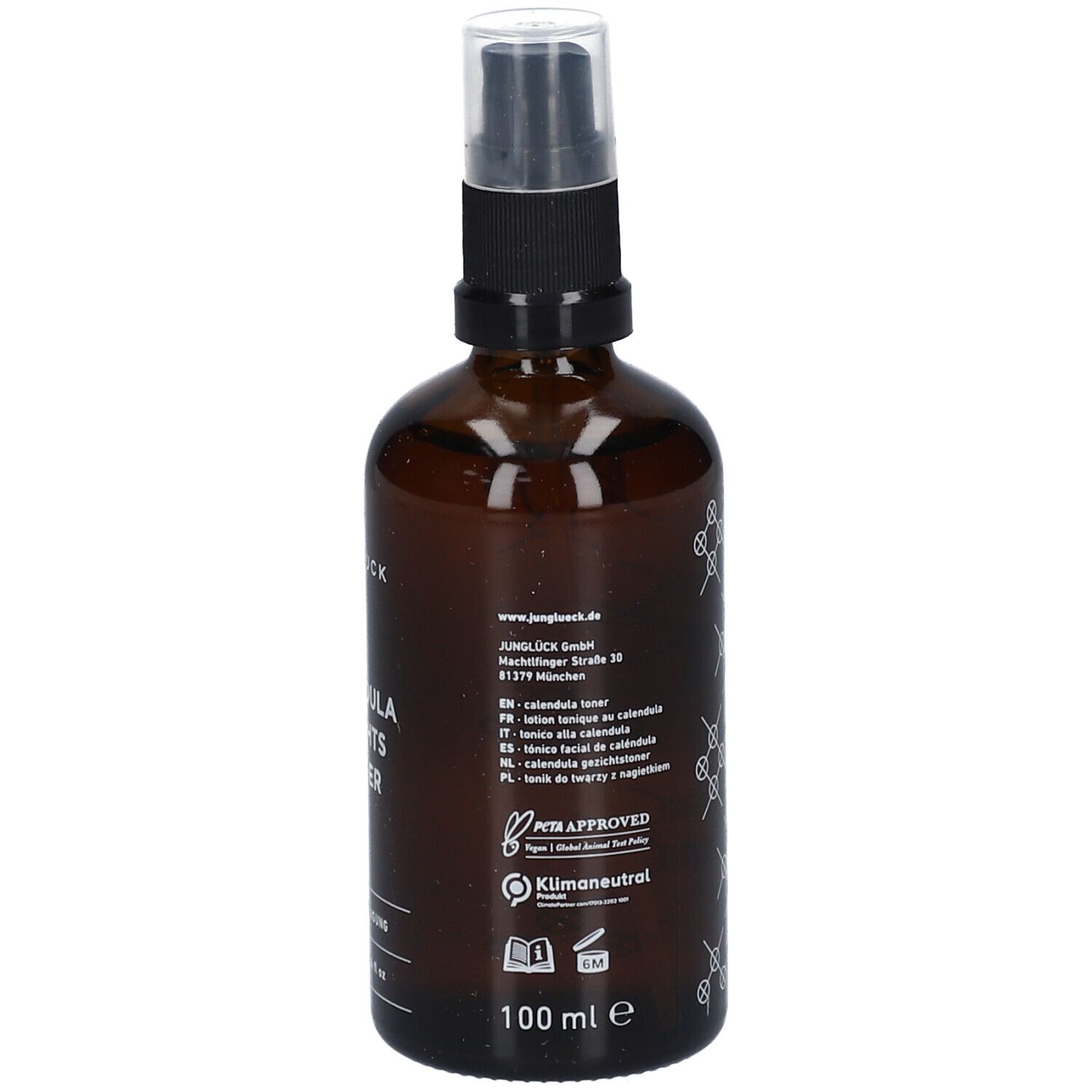 Braune Glasflasche mit Text. Aufschrift: JUNGLÜCK, CALENDULA GESICHTS WASSER. PETA APPROVED, Klimaneutral.
