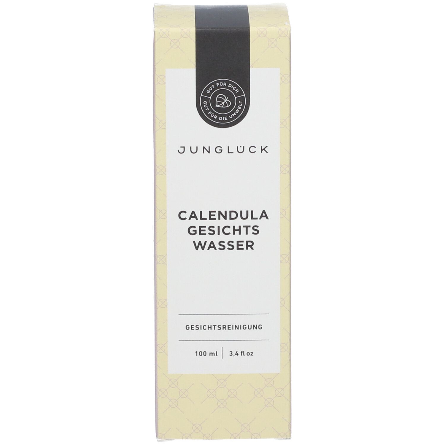 Verpackung mit Aufschrift: JUNGLÜCK, CALENDULA GESICHTS WASSER. Gesichtsreinigung.