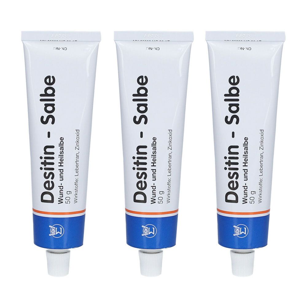 Drei Tuben Desitin-Salbe. Weiße Tuben mit blauer und oranger Schrift. Aufschrift: Wund- und Heilsalbe, 50 g, Wirkstoffe: Lebertran, Zinkoxid.