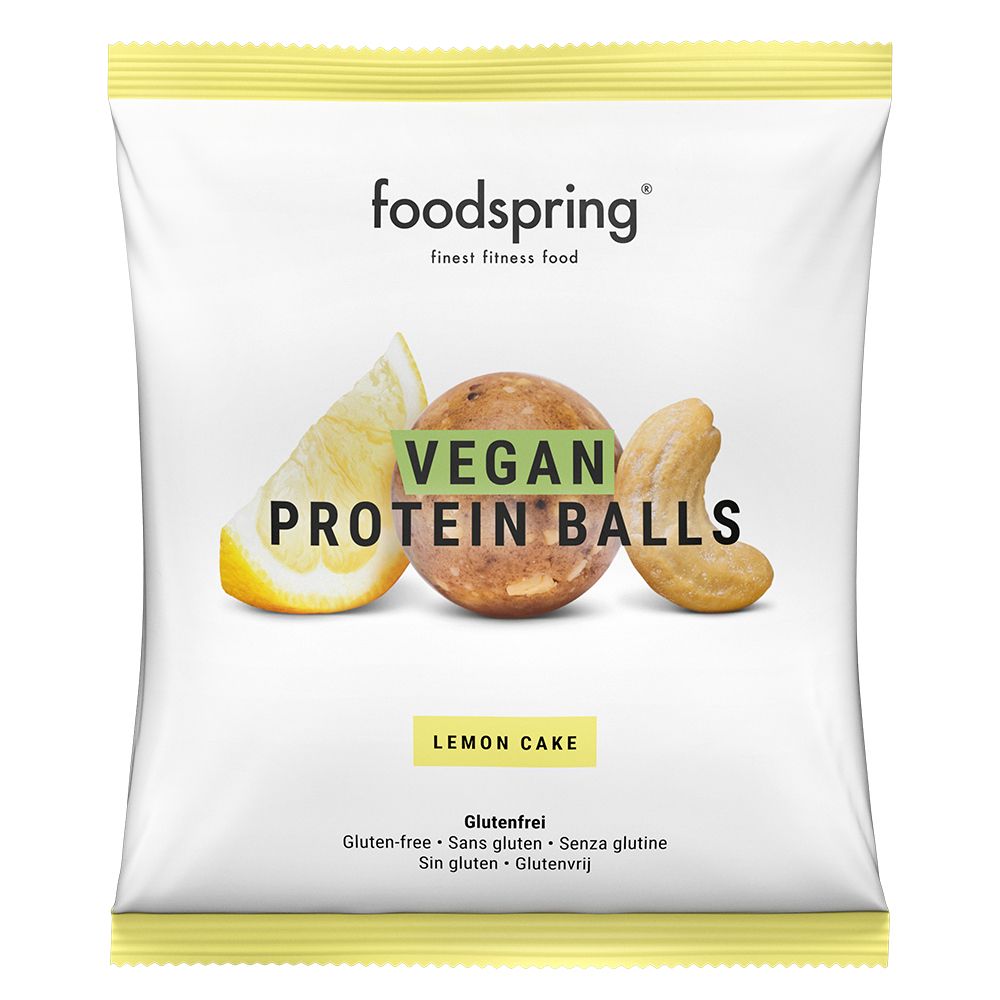 Verpackung mit Vegan Proteinballs Lemon Cake, Zitrone und Cashew-Nuss. Glutenfrei-Label. foodspring Logo.