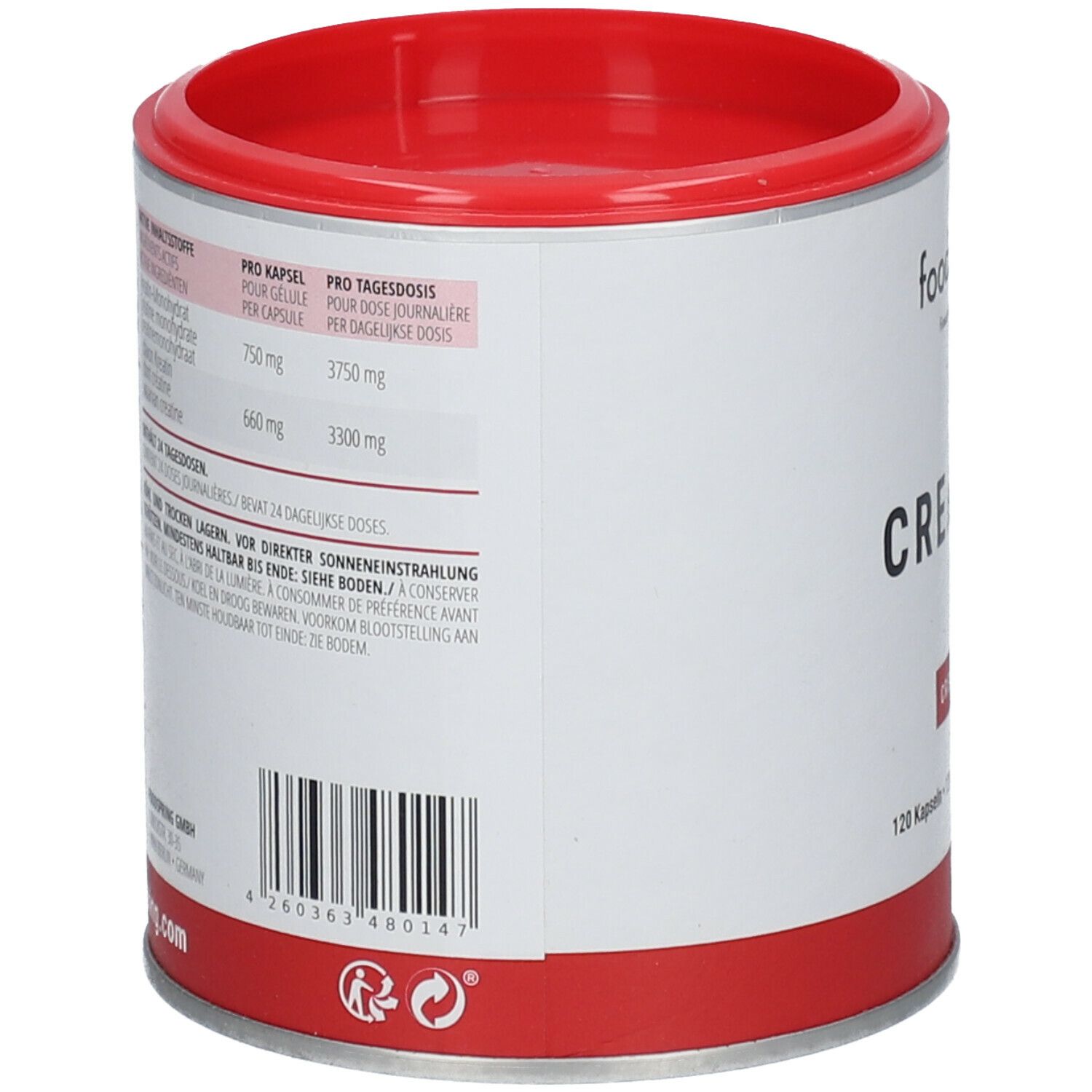 Rückseite der Dose mit Informationen. Barcode und Recycling-Symbole. Roter Deckel und Boden.