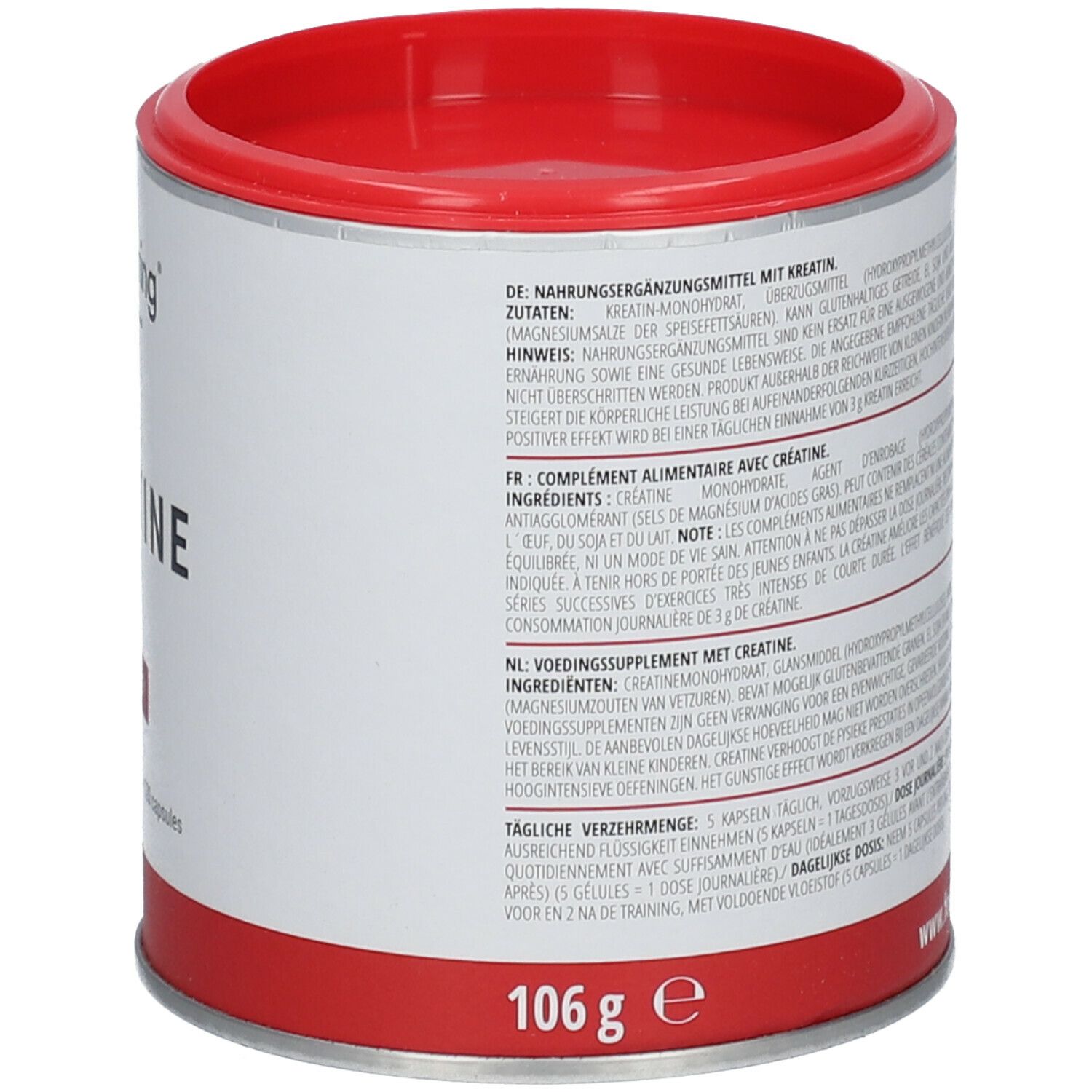 Dose mit Text. Enthält Informationen zu Inhaltsstoffen und Dosierung. 106g. Roter Deckel.