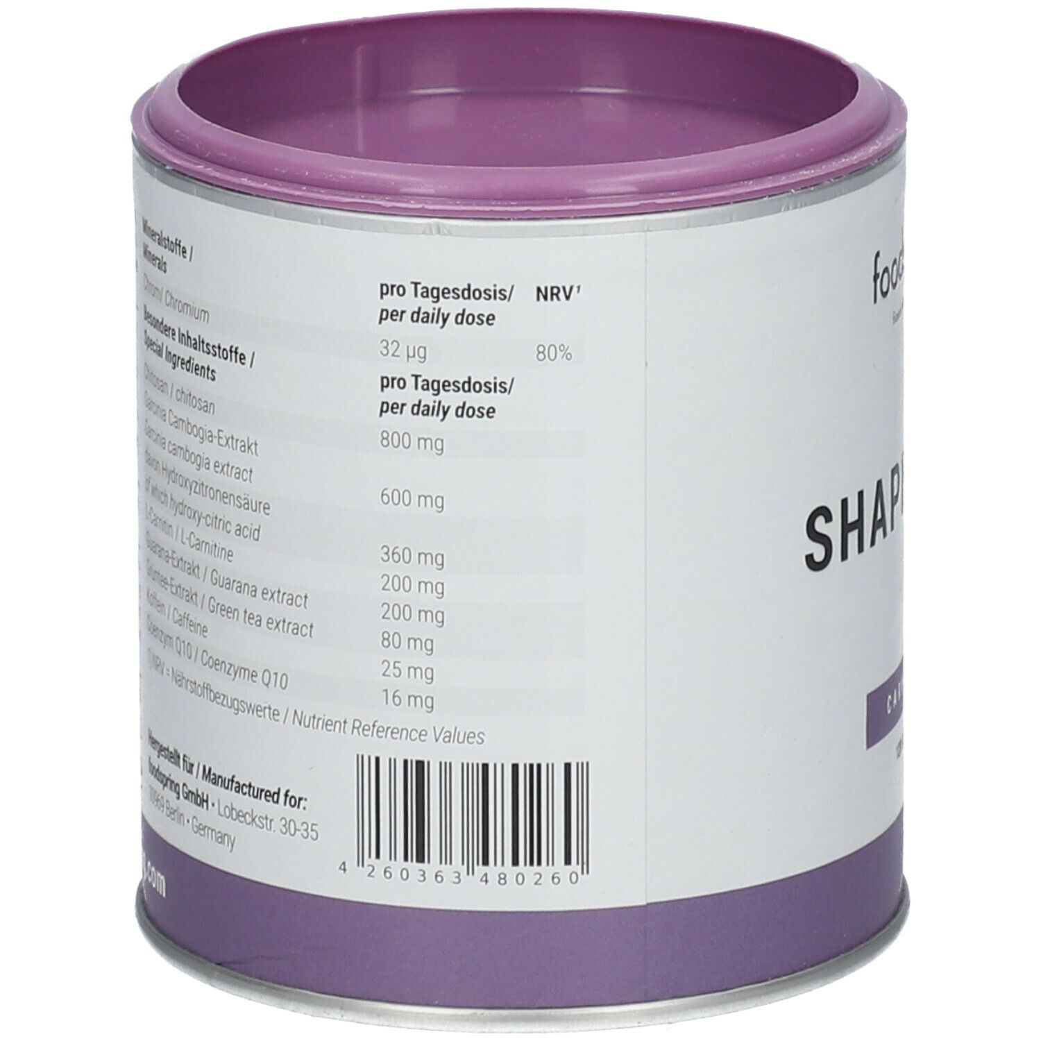 Zylinderdose mit Inhaltsstoffangaben. Enthält 32 µg Chrom, 80% NRV. Zutaten: Garcinia Cambogia Extrakt, L-Carnitin, Coenzym Q10.
