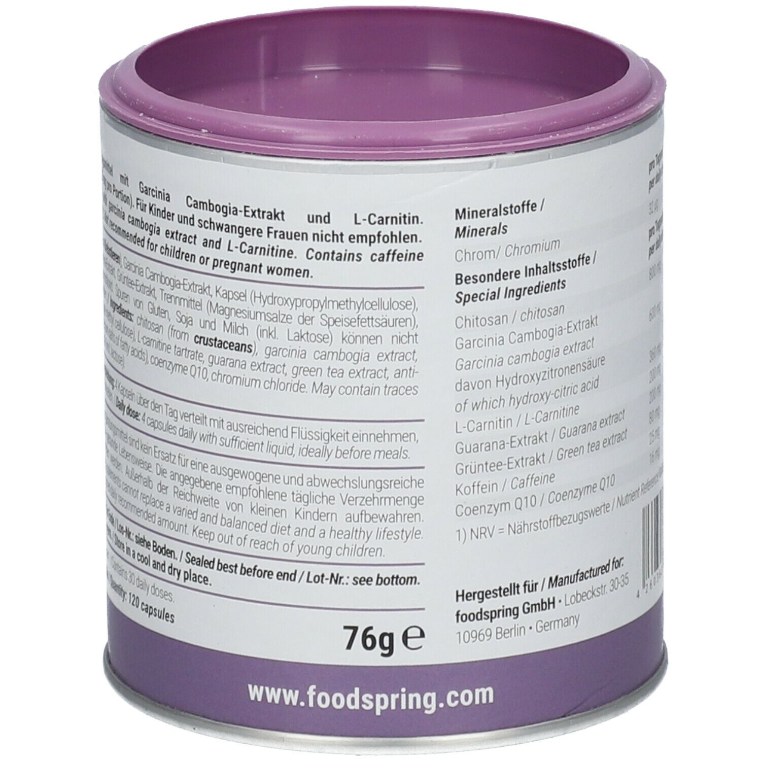 Zylinderdose mit Inhaltsstoffangaben. Enthält Garcinia Cambogia Extrakt und L-Carnitin. Nicht für Schwangere. 76g Inhalt.