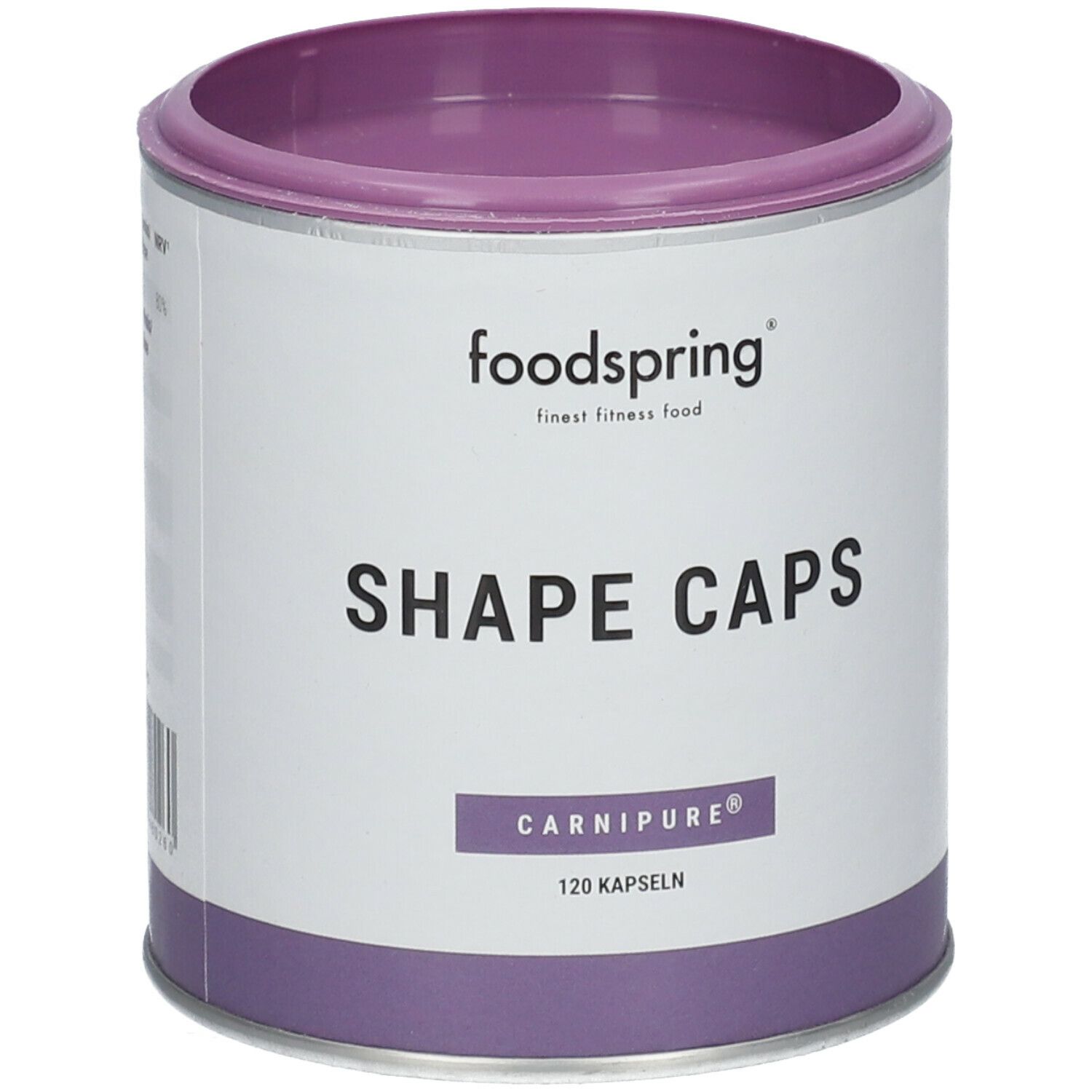 Zylinderdose mit Produktnamen Shape Caps. Marke foodspring. Enthält 120 Kapseln. Carnipure®-Logo.