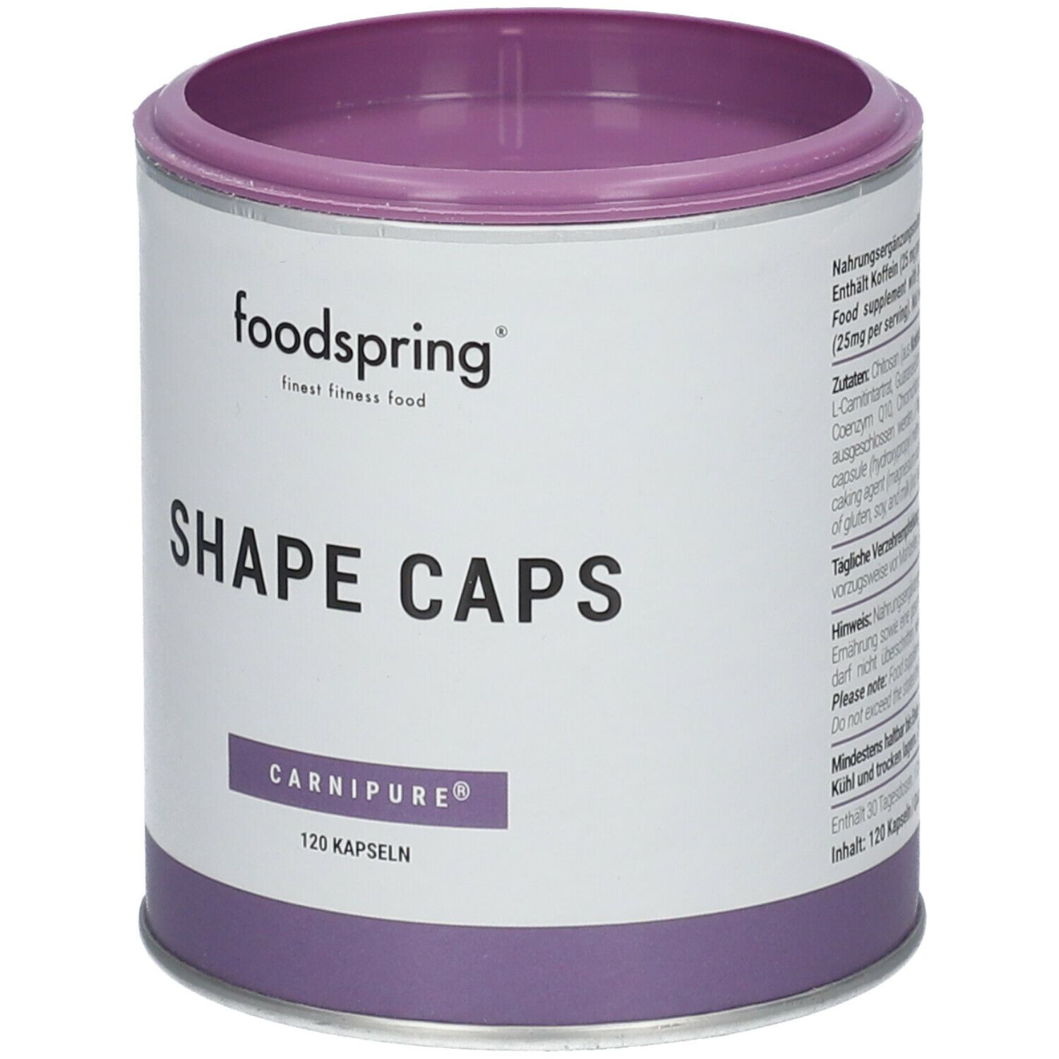 Zylinderdose mit Produktnamen Shape Caps. Marke foodspring. Enthält 120 Kapseln. Carnipure®-Logo.