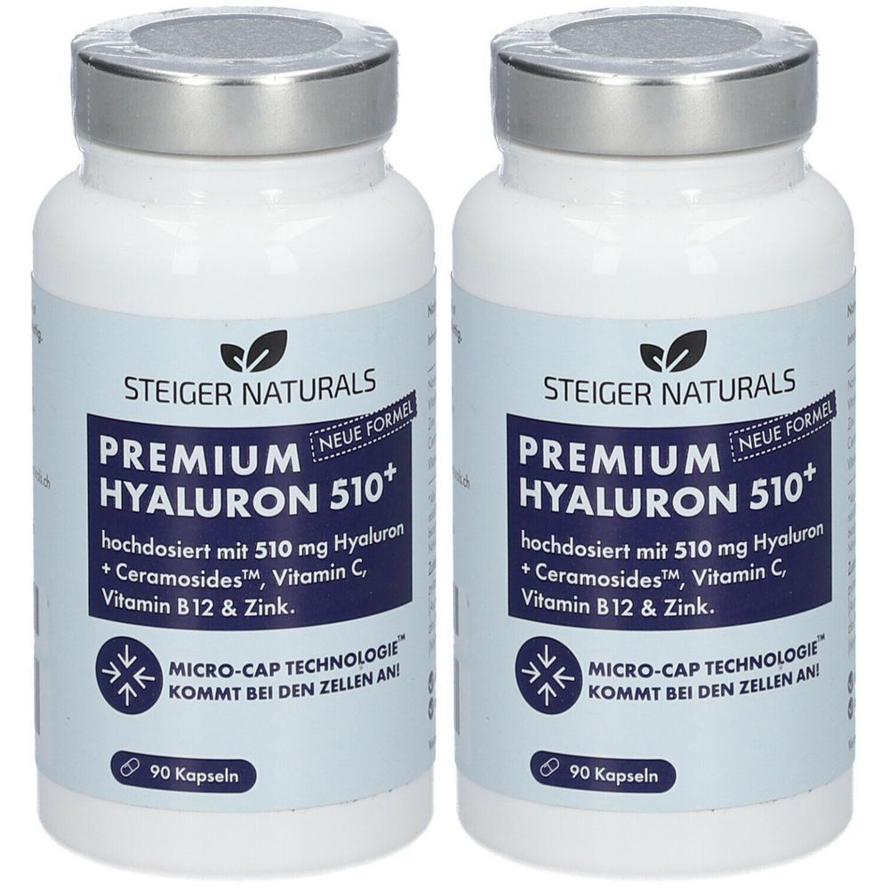 Zwei weiße Flaschen mit silbernen Deckeln. Aufschrift: PREMIUM HYALURON 510+ von Steiger Naturals. Enthält 90 Kapseln.