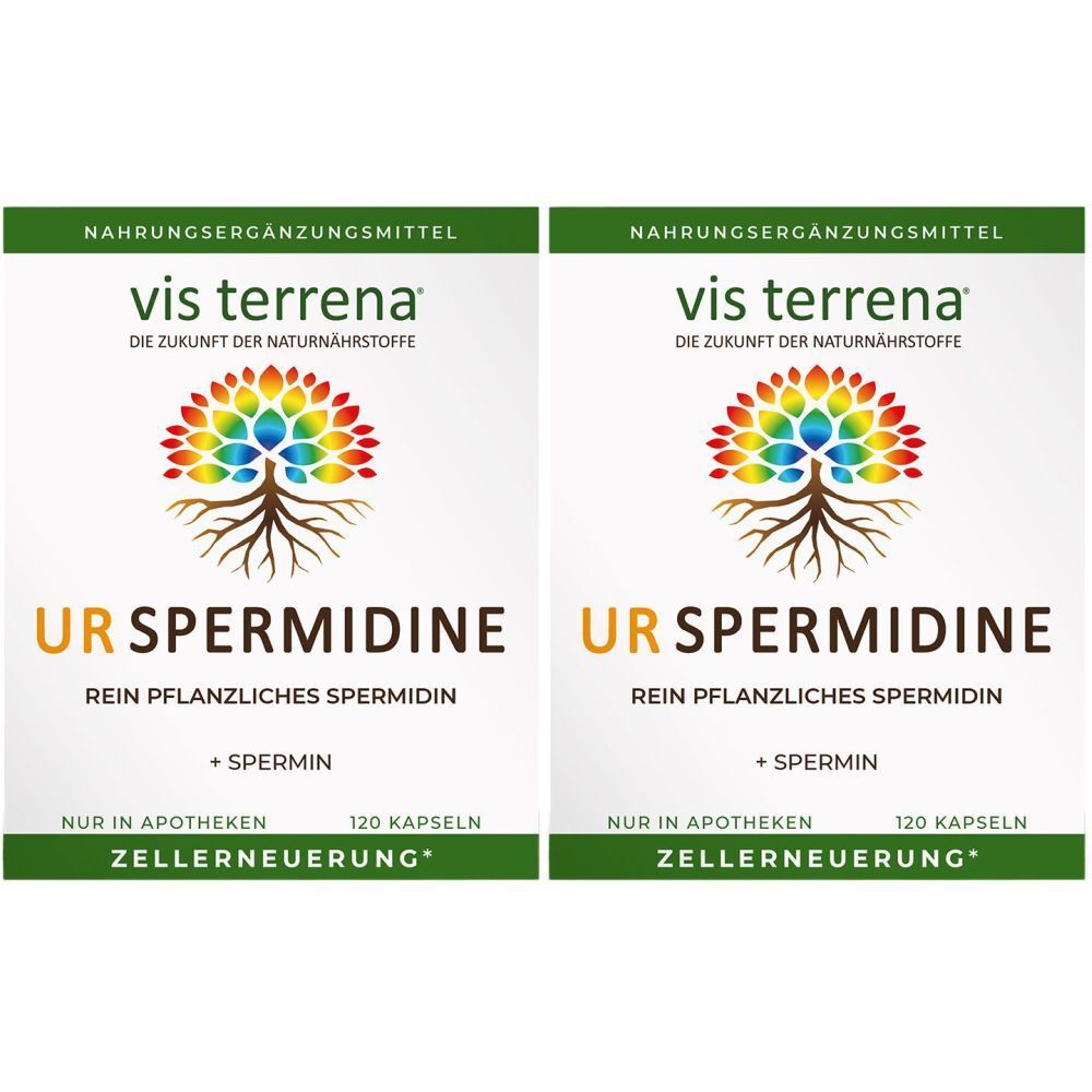 Zwei Packungen vis terrena® URSPERMIDINE. Aufschrift: Nahrungsergänzungsmittel, 120 Kapseln, Zellenerneuerung.