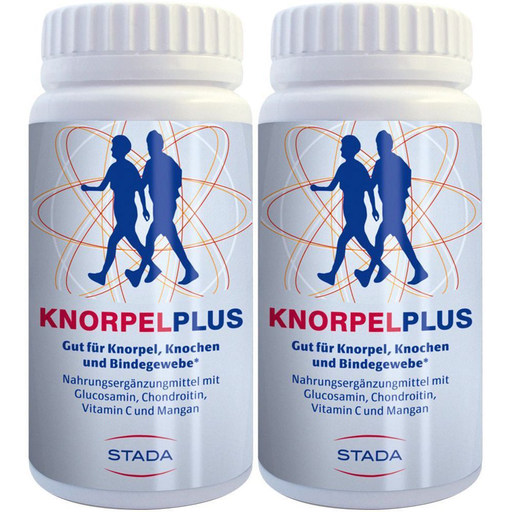 Zwei weiße Flaschen mit Knorpel Plus. Aufschrift: Knorpel Plus, Gut für Knorpel, Knochen und Bindegewebe. Marke: STADA.