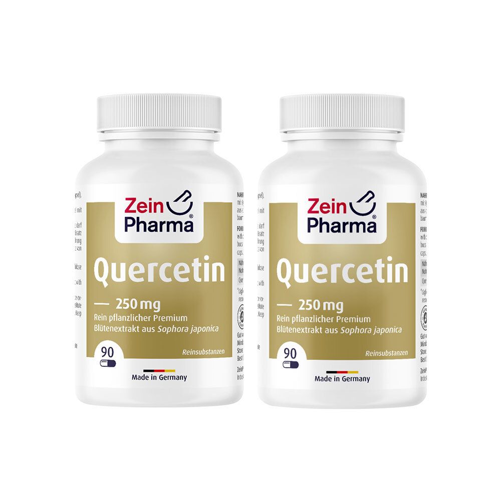 Zwei weiße Flaschen mit Kapseln. Auf jeder Flasche steht "Zein Pharma Quercetin 250 mg".