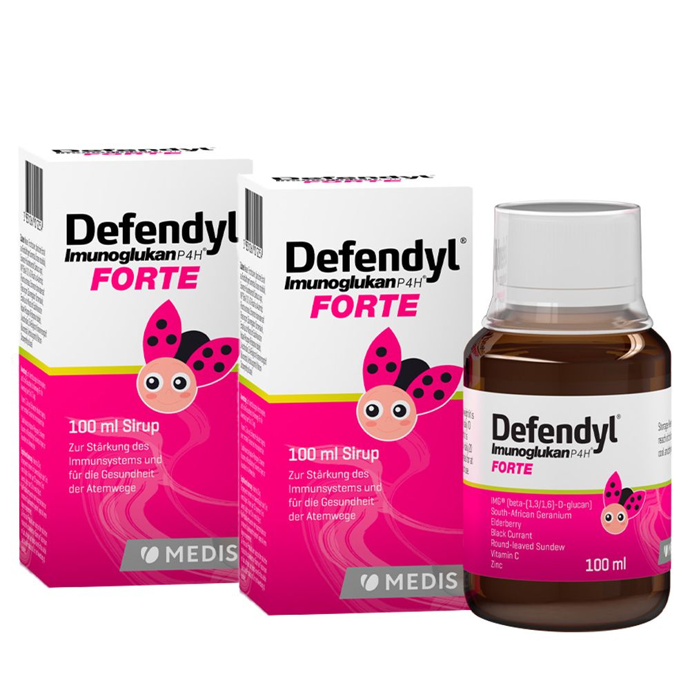 Zwei Schachteln und eine Flasche Defendyl-Imunoglukan P4H® FORTE Sirup. Flaschen und Schachteln mit Etiketten und dem Logo.