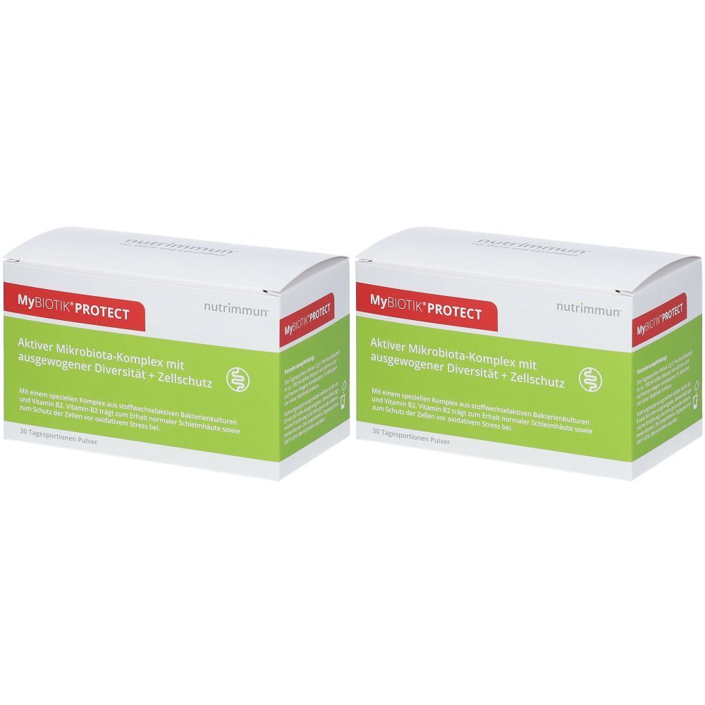 Zwei Schachteln MyBIOTIK PROTECT. Weiße Verpackung mit rotem und grünem Text. Aufschrift: Aktiver Mikrobiota-Komplex mit ausgewogener Diversität + Zellschutz.