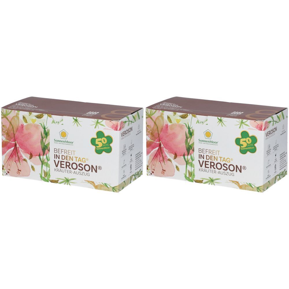 Deux boîtes avec motif floral. Inscription : Veroson, extrait de plantes. Emballage vert et blanc avec logo.