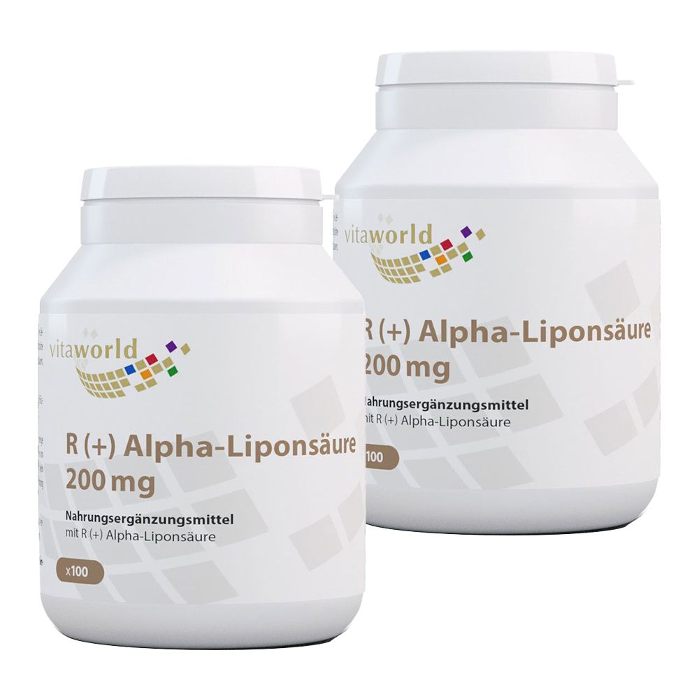 Deux flacons blancs avec bouchons à vis. Inscription : R(+) Alpha-Liponsäure 200 mg, complément alimentaire. Marque : vitaworld.