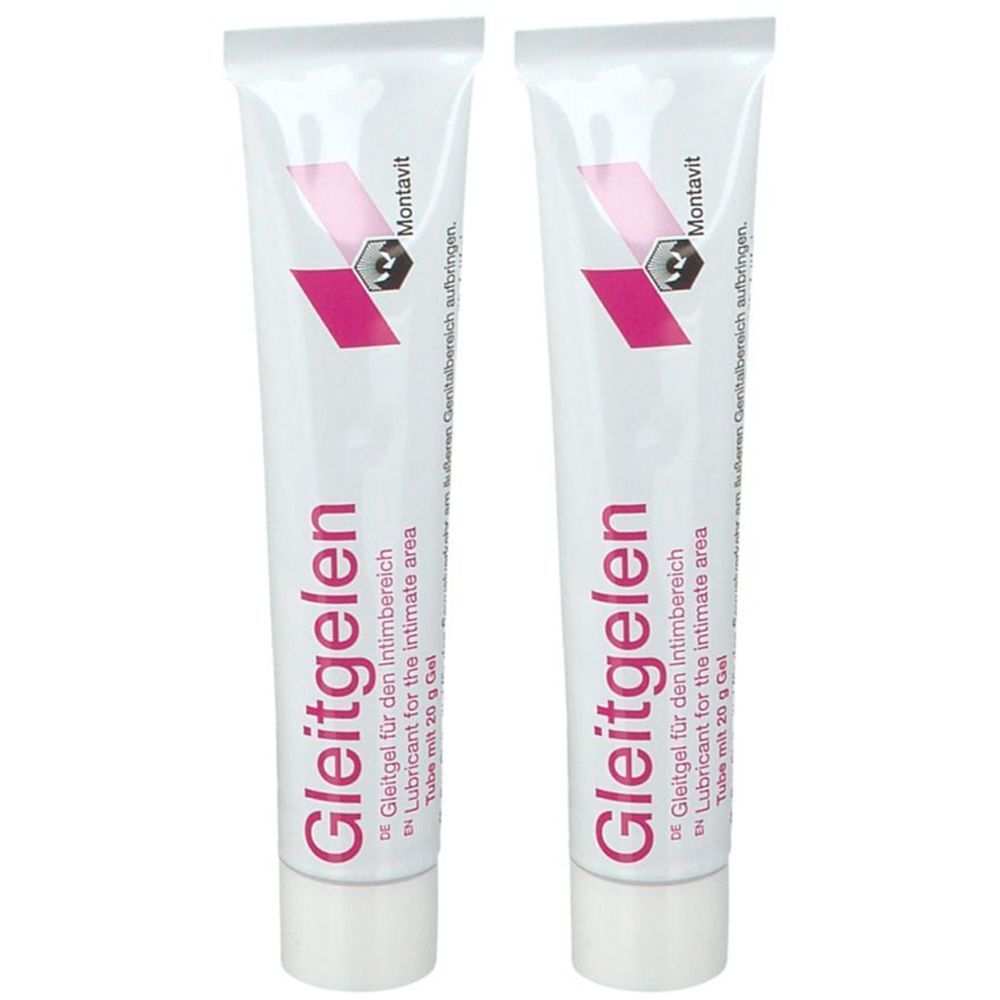 Zwei Tuben Gleitgel. Weiße Tuben mit rosa und schwarzer Schrift. Aufschrift: Gleitgelen, Intimbereich, Montavit.