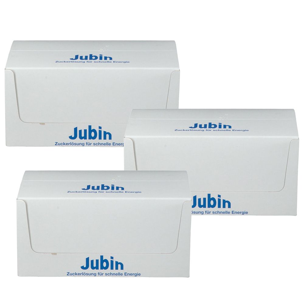 Drei weiße Faltschachteln. Auf jeder Schachtel steht in blauer Schrift "Jubin" und "Zuckerlösung für schnelle Energie".