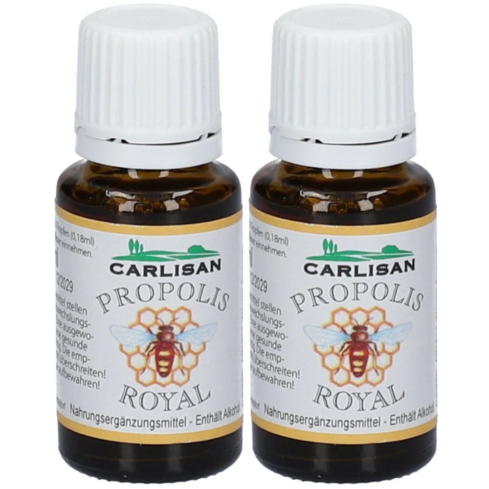 Zwei Flaschen CARLISAN Propolis Royal. Braune Glasflaschen mit weißen Deckeln. Etikett mit Produktnamen, Biene und Wabenmuster.