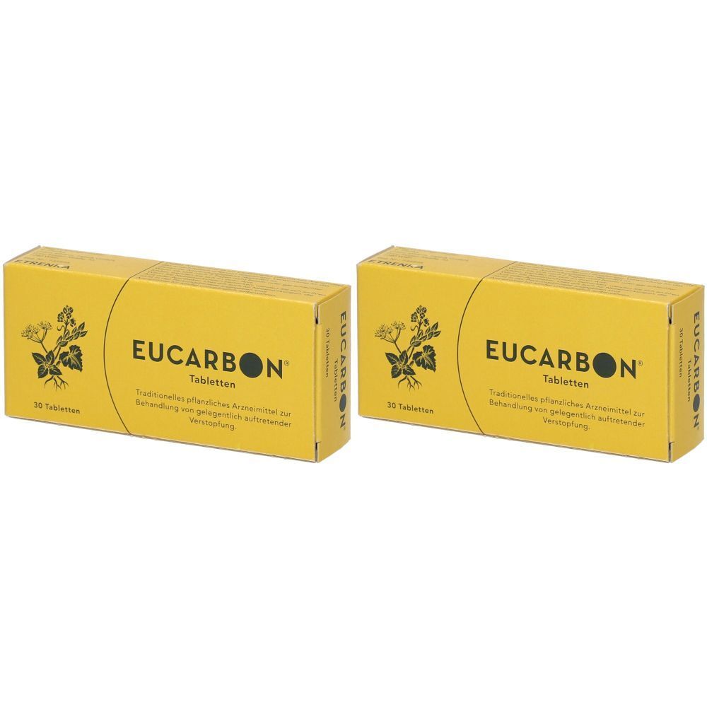 Zwei gelbe Schachteln mit der Aufschrift EUCARBON Tabletten. Auf jeder Schachtel ist ein Pflanzenmotiv abgebildet.