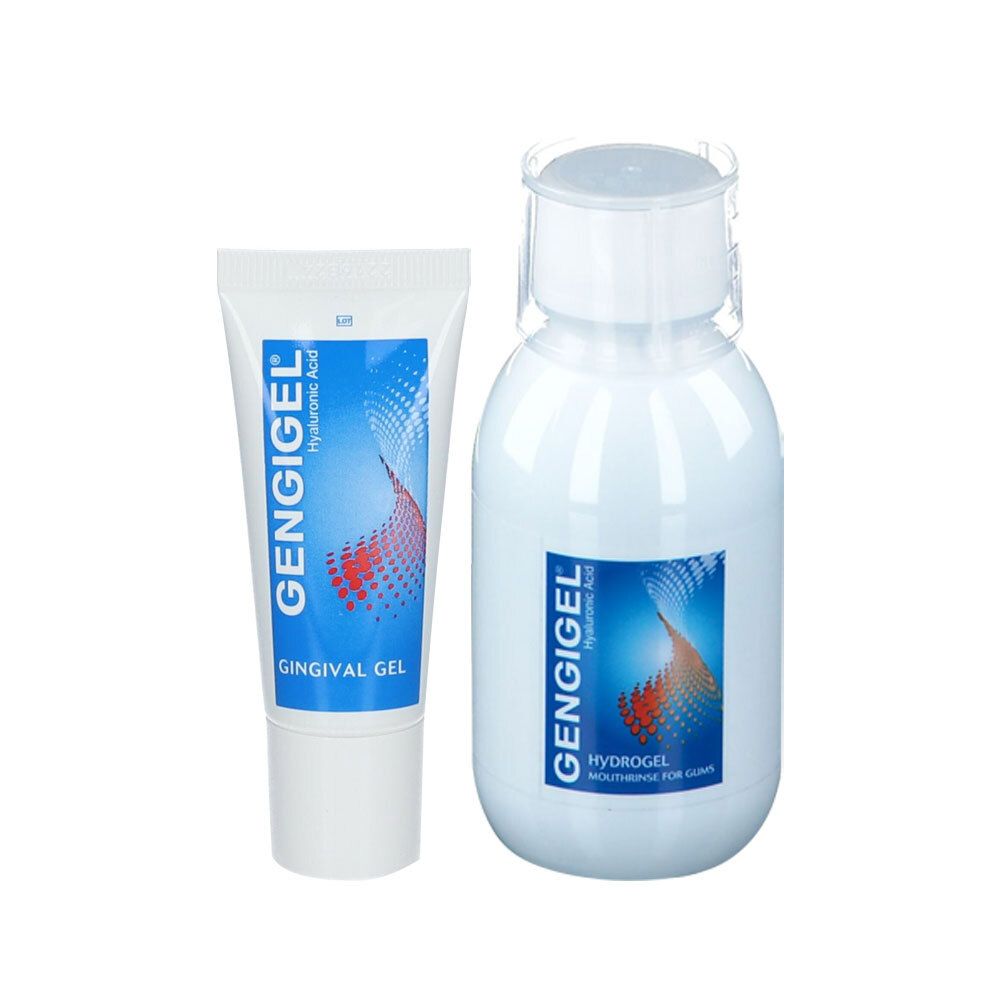 Zwei Produkte: Gengigel Zahnfleischgel in Tube und Gengigel Mundspüllösung in Flasche. Beide mit blauen Etiketten und Produktnamen.