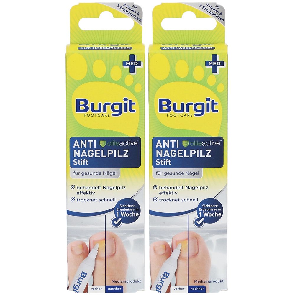 Zwei Packungen Burgit Anti Nagelpilz Stift. Aufschrift: Anti Nagelpilz Stift, für gesunde Nägel. Medizinprodukt.