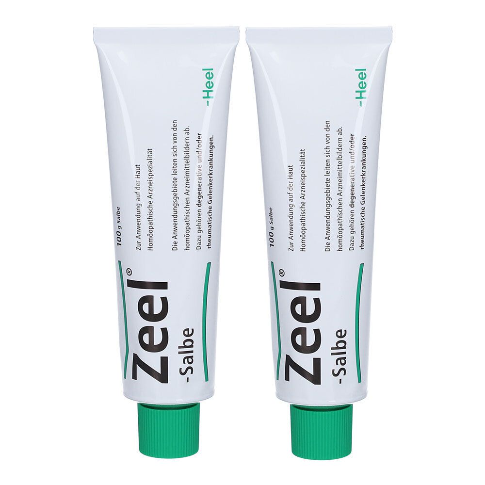 Zwei Tuben Zeel® Salbe. Weiße Tuben mit grünen Verschlüssen. Text: Zeel, Salbe, Heel. Aufschrift: 100 g Salbe.