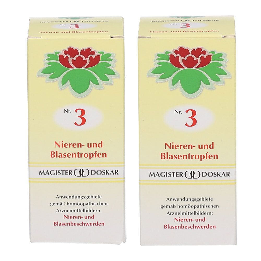 Zwei Schachteln mit der Aufschrift "Nr. 3 Nieren- und Blasentropfen". Oben ein rotes Blumenmotiv mit grünen Blättern. Marke: MAGISTER DOSKAR.