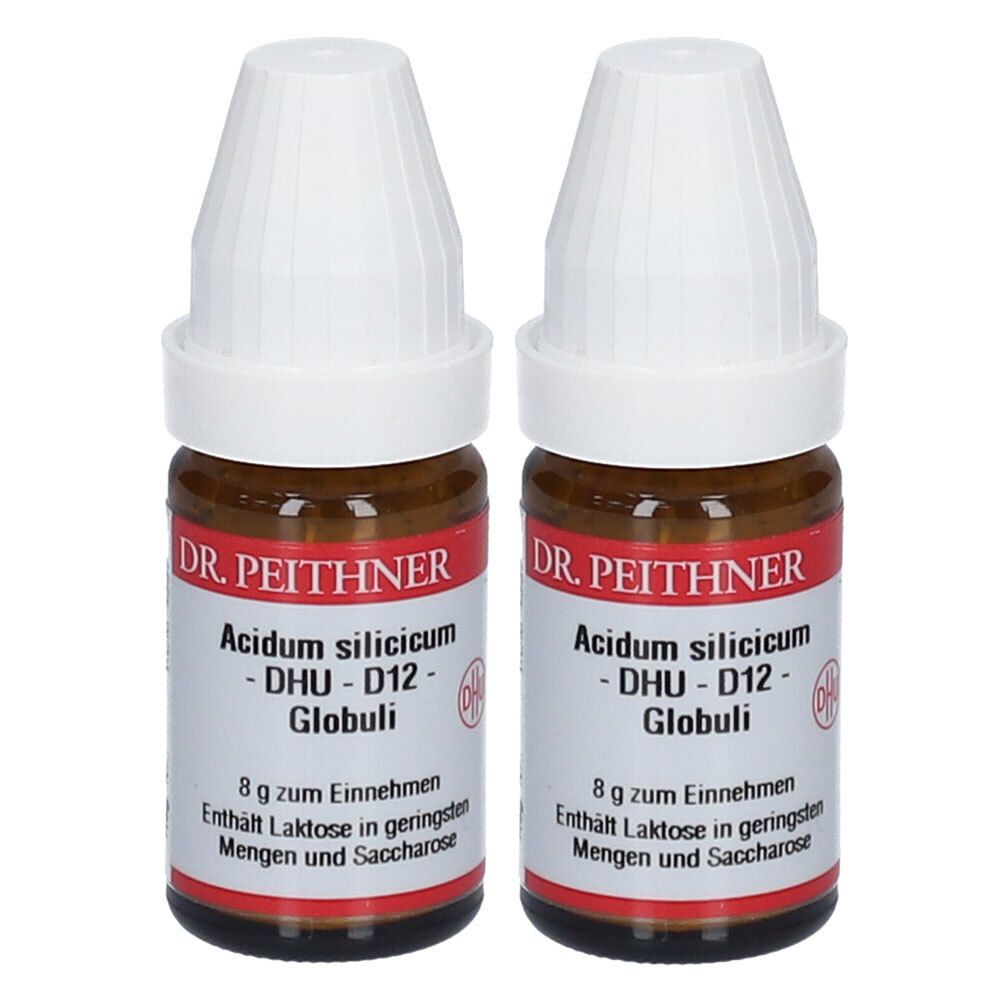 Zwei braune Glasflaschen mit weißen Deckeln. Auf den Etiketten steht "DR. PEITHNER Acidum silicicum - DHU - D12 - Globuli".