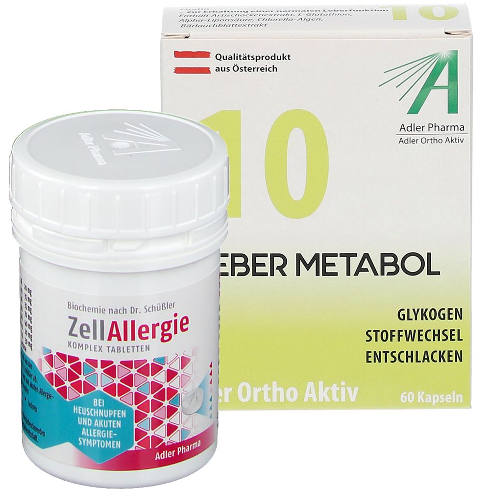 Zwei Produkte: Dose mit "ZellAllergie" und Schachtel mit "10 EBER METABOL". Beide mit Logos und Texten. Qualitätsprodukt aus Österreich.