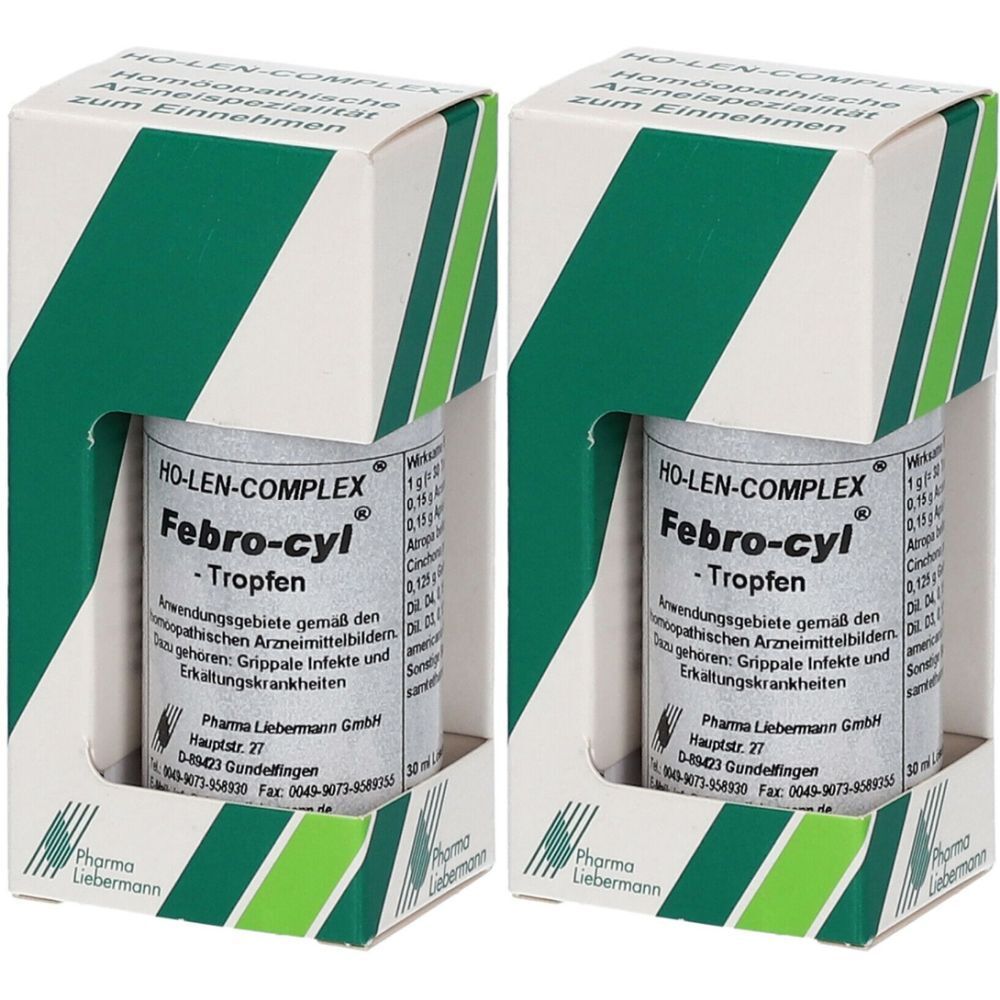 Zwei Flaschen Febro-cyl®-Tropfen in weißen Schachteln mit grünen Akzenten. Auf den Etiketten sind Produktinformationen und der Markenname HO-LEN-COMPLEX® zu sehen.