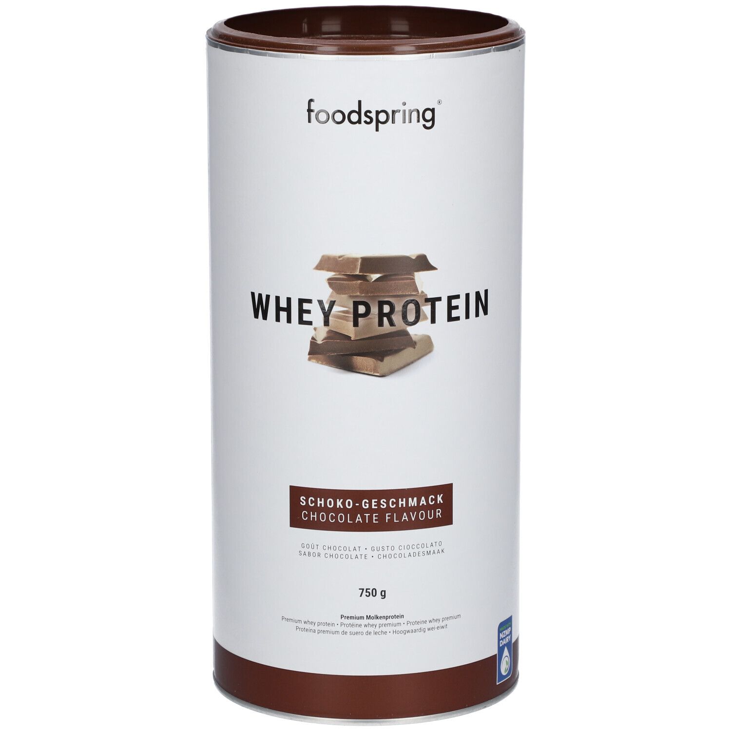 Zylindrische Dose mit "foodspring"-Logo und "WHEY PROTEIN"-Schriftzug. Schoko-Geschmack. 750 g. Abgebildet sind Schokoladenstücke.