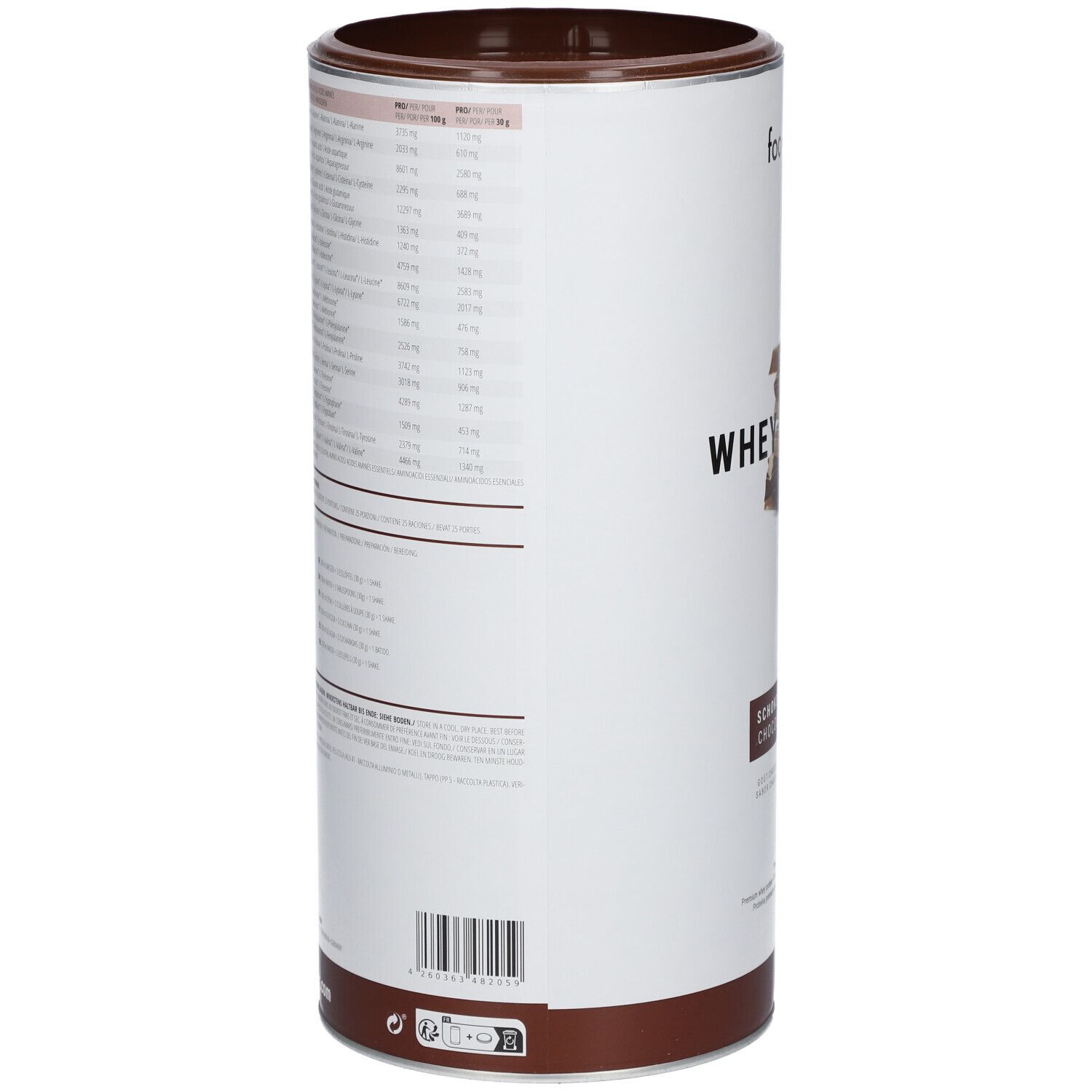 Zylindrische Dose mit Nährwertangaben und Barcode. Brauner Deckel und Boden. Text in deutscher Sprache.