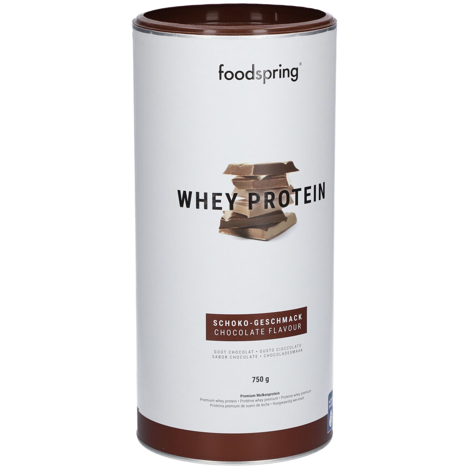 Zylindrische Dose mit "foodspring"-Logo und "WHEY PROTEIN"-Schriftzug. Schoko-Geschmack. 750 g. Abgebildet sind Schokoladenstücke.