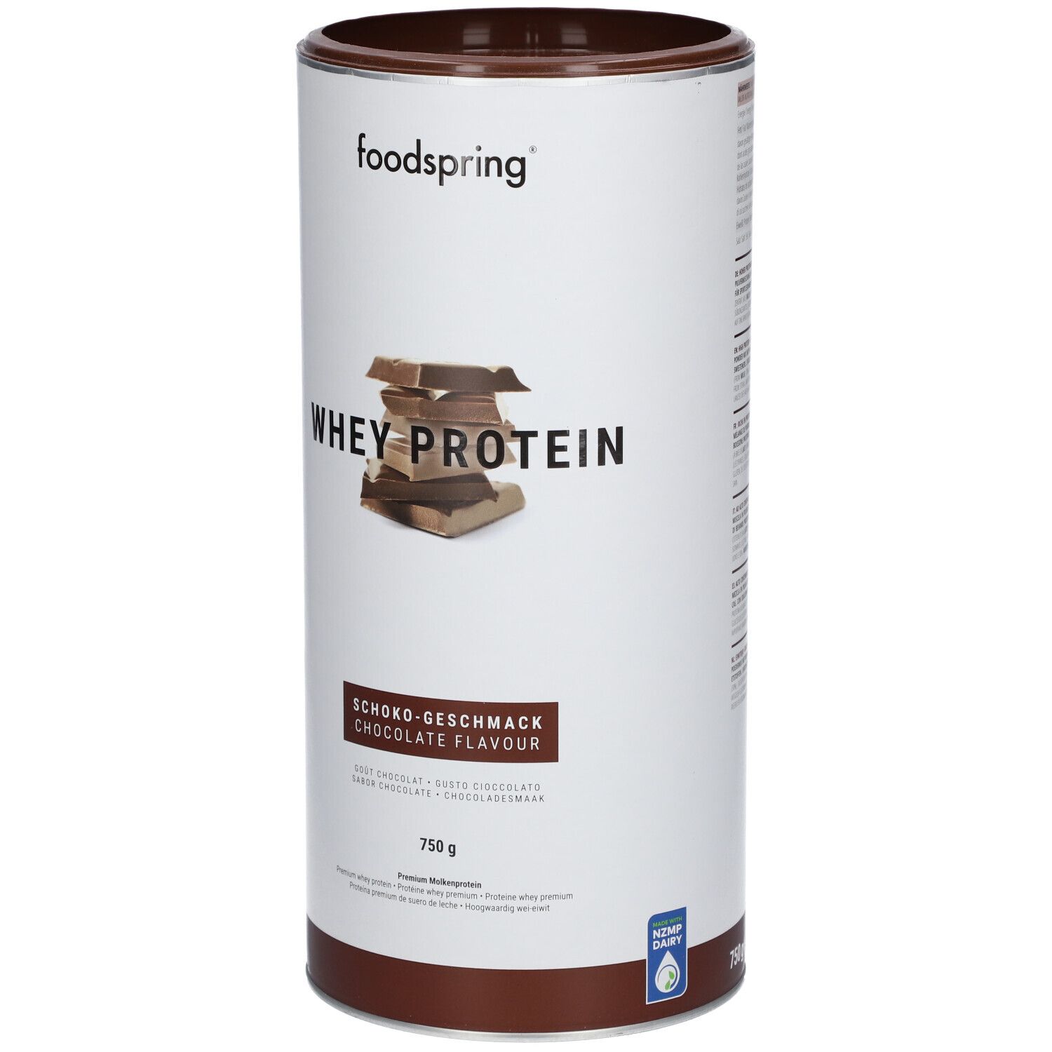 Zylindrische Dose mit "foodspring"-Logo und "WHEY PROTEIN"-Schriftzug. Schoko-Geschmack. 750 g. Mit Zertifizierungslogo.