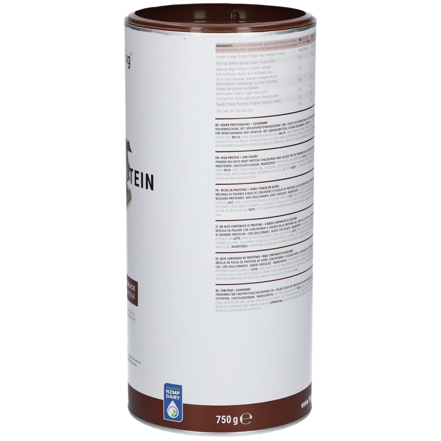 Zylindrische Dose mit Text in deutscher Sprache. Enthält Informationen über Inhaltsstoffe und Nährwerte. 750 g. Mit Zertifizierungslogo.