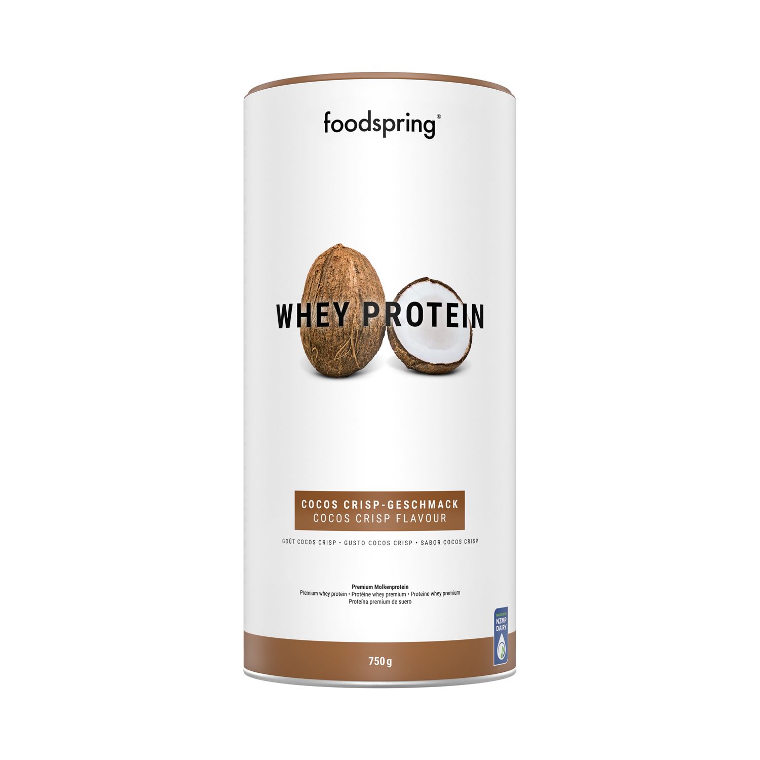 Zylinderförmige Dose mit "foodspring"-Logo und "WHEY PROTEIN"-Schriftzug. Kokosnuss-Abbildung. "COCOS CRISP"-Geschmack. 750g.