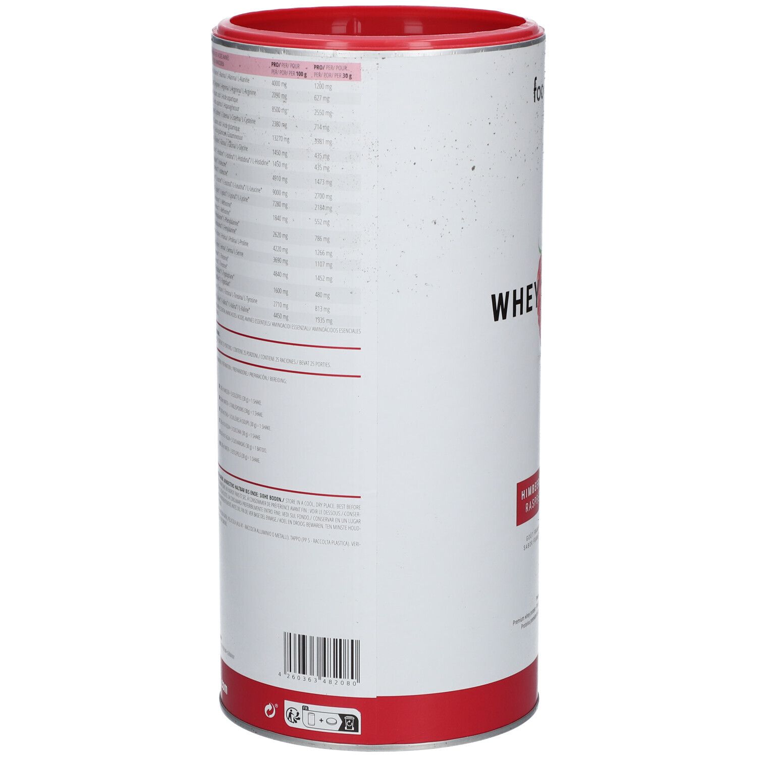 Zylindrische Dose mit rotem Deckel und Boden. Aufschrift mit Nährwertangaben und Barcode. Produktname nicht sichtbar.