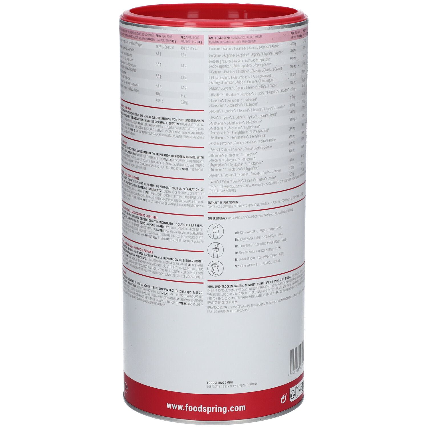 Zylindrische Dose mit rotem Deckel und Boden. Aufschrift mit Nährwertangaben. Produktname nicht sichtbar.