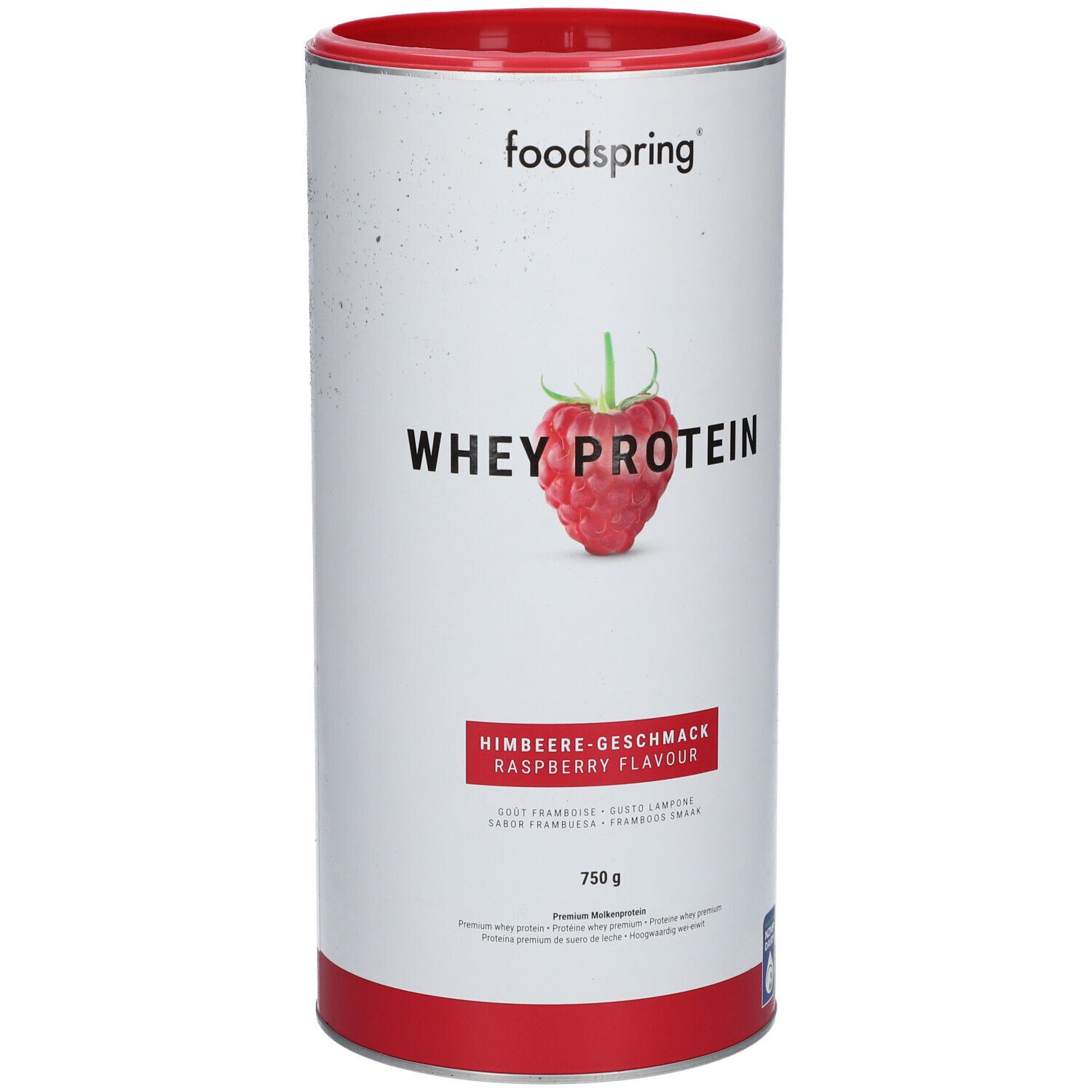Zylindrische Dose mit rotem Deckel. Aufschrift: foodspring, WHEY PROTEIN, Himbeere-Geschmack, 750 g. Abbildung einer Himbeere.