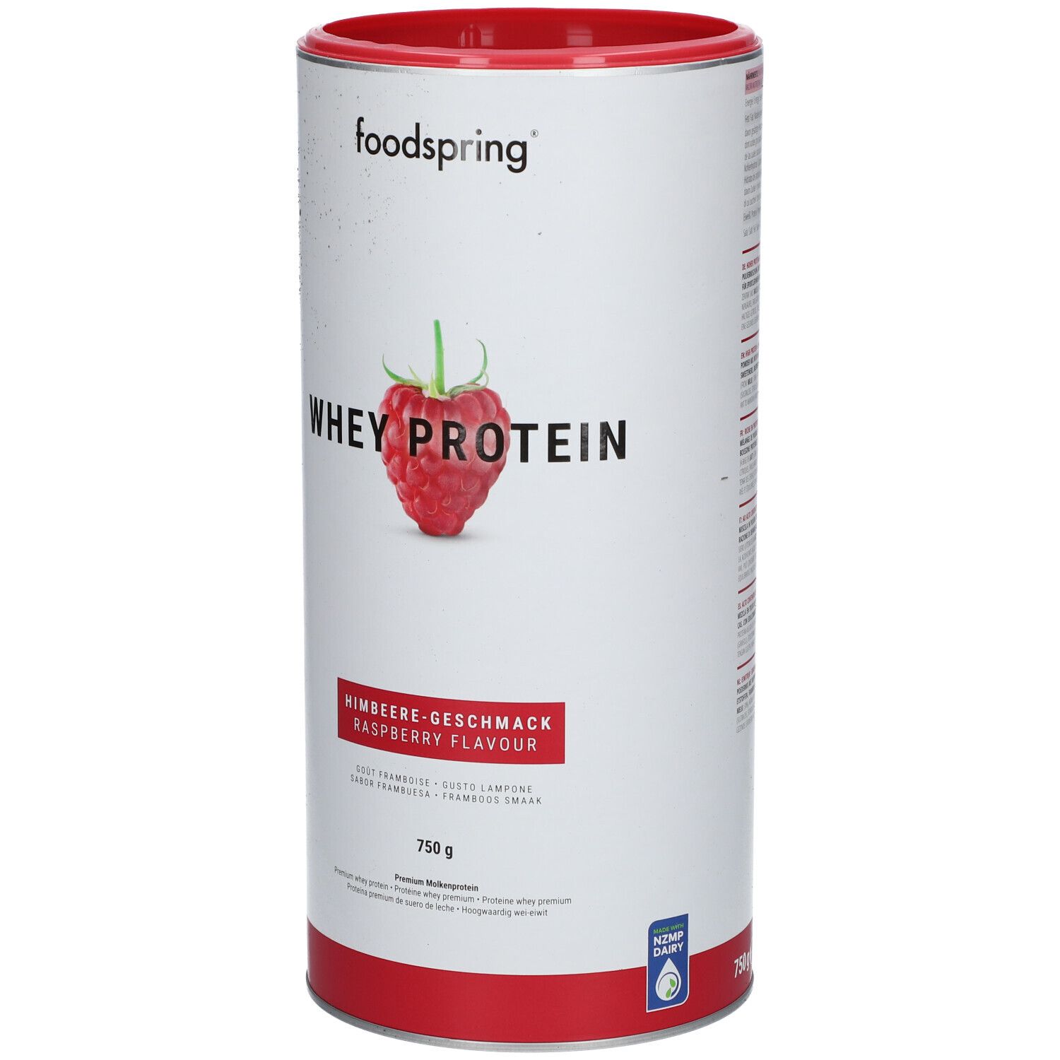 Zylindrische Dose mit rotem Deckel. Aufschrift: foodspring, WHEY PROTEIN, Himbeere-Geschmack, 750 g. Abbildung einer Himbeere. Qualitätssiegel.