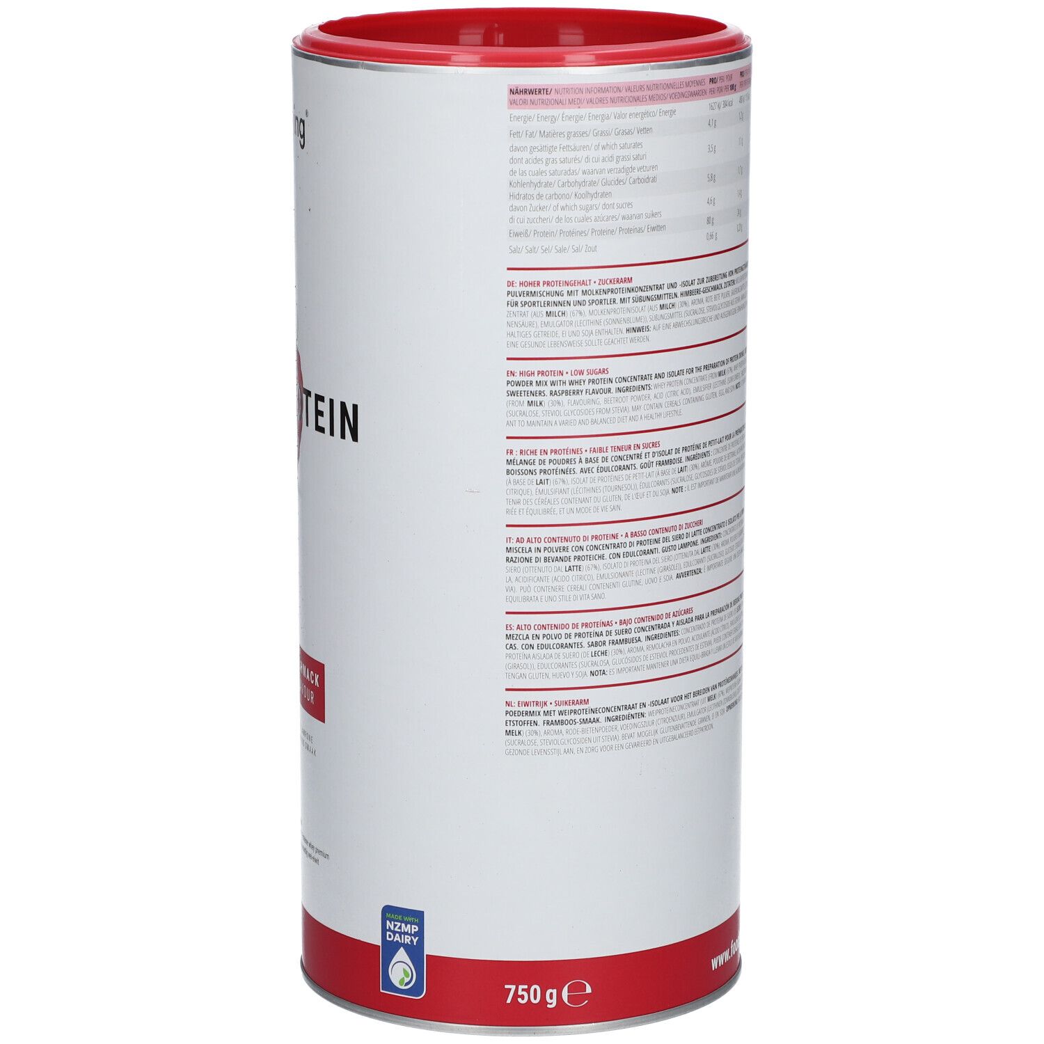 Zylindrische Dose mit rotem Deckel. Aufschrift: foodspring, WHEY PROTEIN, Himbeere-Geschmack, 750 g. Qualitätssiegel. Produktname nicht vollständig sichtbar.
