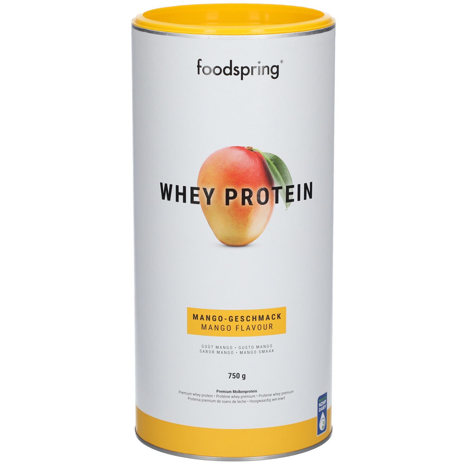 Weißes zylindrisches Behältnis mit gelbem Deckel. Aufdruck: foodspring, Mango und Whey Protein. Mango-Abbildung.