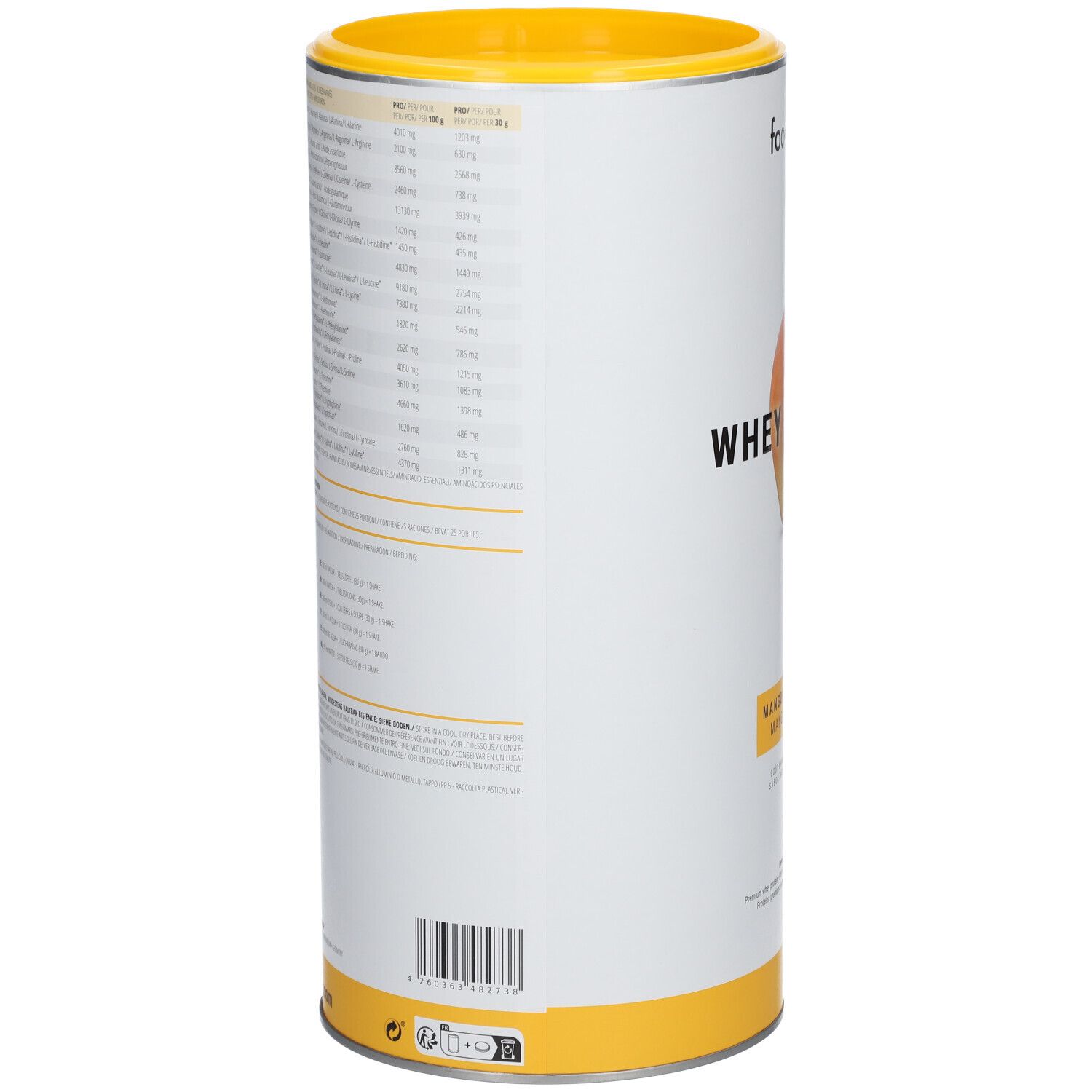 Weißes zylindrisches Behältnis mit gelbem Deckel. Aufdruck: foodspring, Nährwertangaben. Barcode unten.