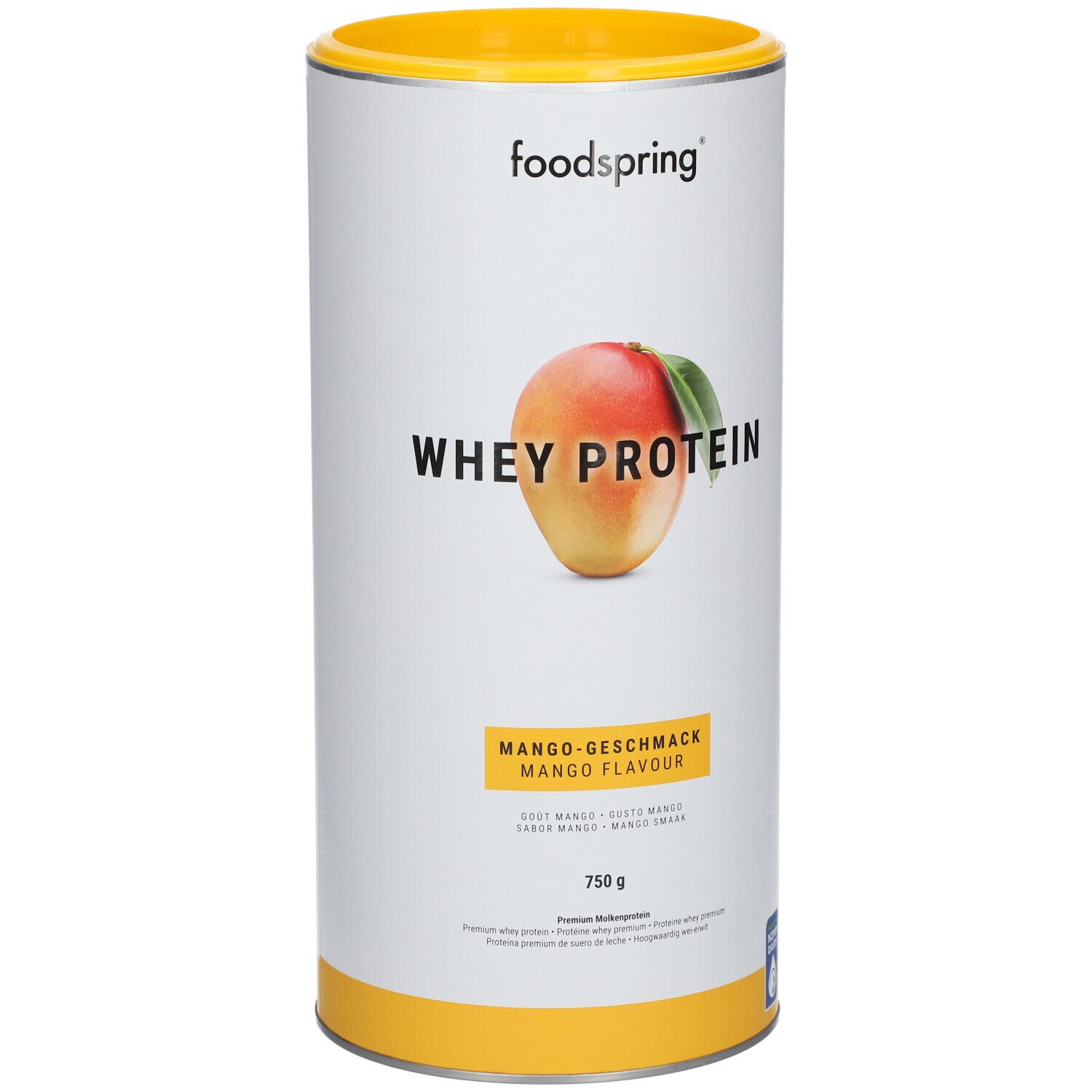 Weißes zylindrisches Behältnis mit gelbem Deckel. Aufdruck: foodspring, Mango und Whey Protein. Mango-Abbildung.